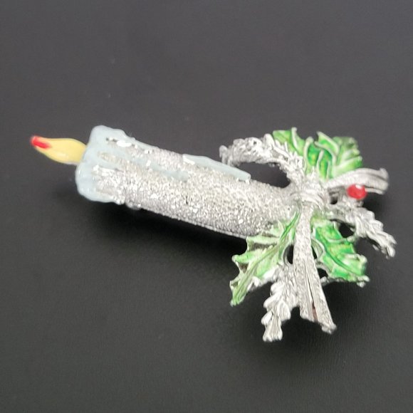 Gerry's Christmas Candle Brooch Pin Sparkly Silver With Holly Leaves Holidays 2" - Picture 3 of 7